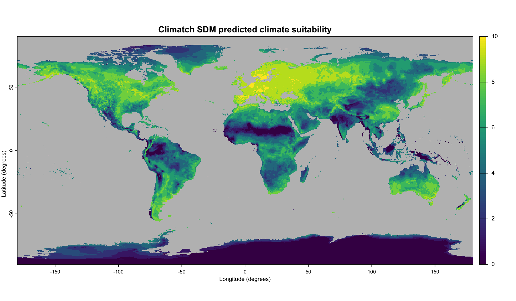 Global map of Climatch SDM predicted climate suitability for Hawkweed.
