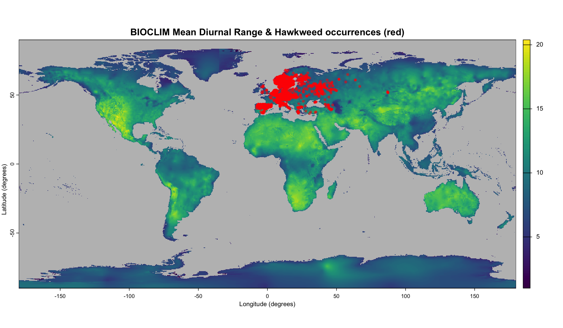 Map of global BIOCLIM Mean Diurnal Range with red points marking Hawkweed occurrence records.