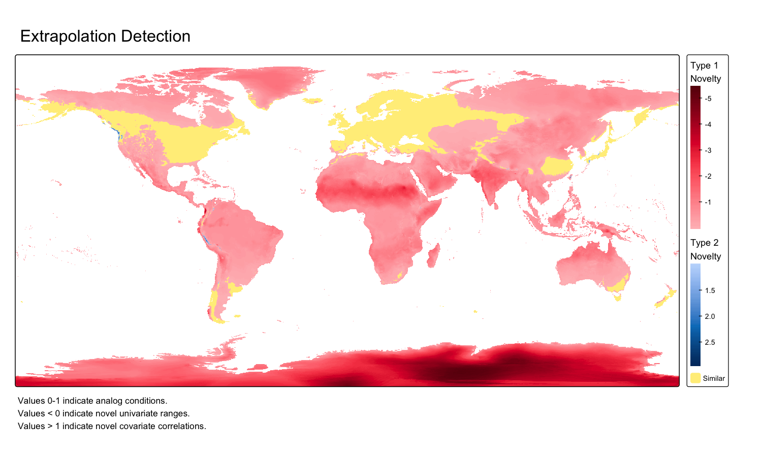 Global map of ExDet scores distinguishing Type 1 (univariate) and Type 2 (multivariate) environmental novelty.