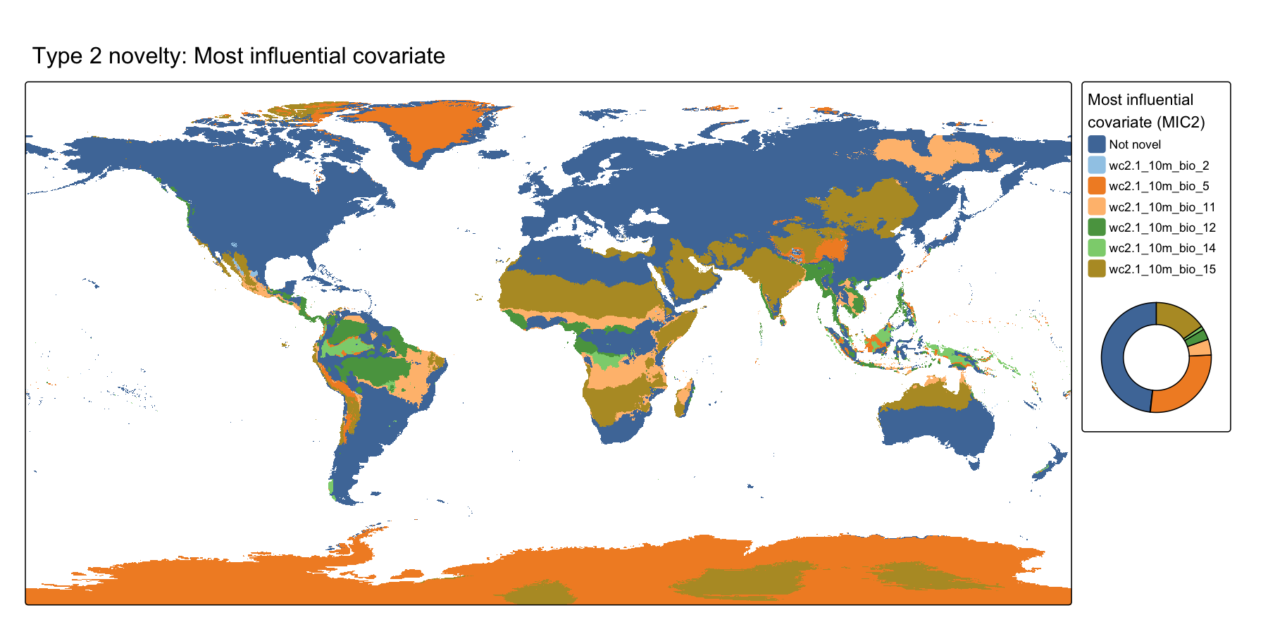 Global map of the most influential covariate for Type 2 (multivariate) ExDet novelty.