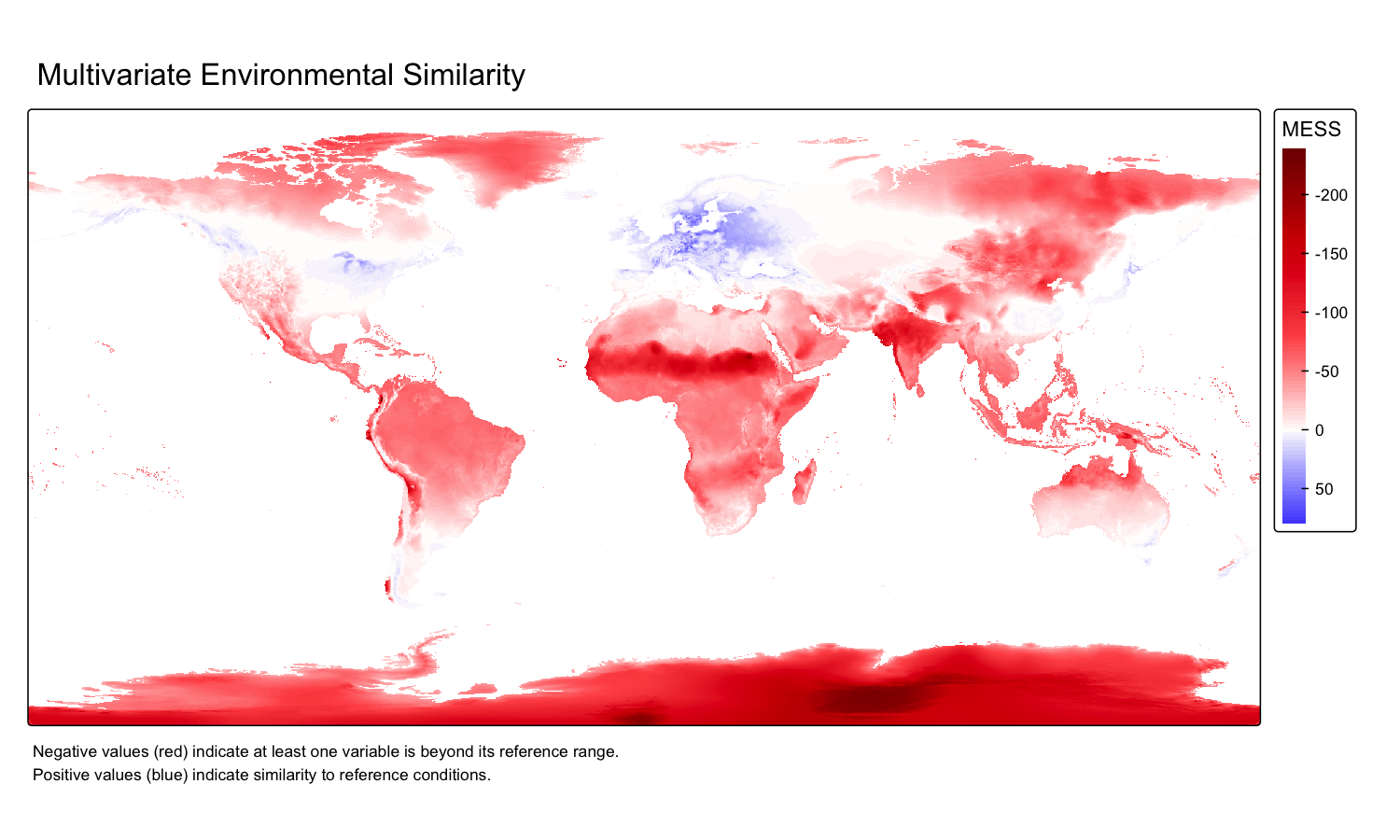 Global map of MESS scores showing environmental similarity to Hawkweed occurrence locations.