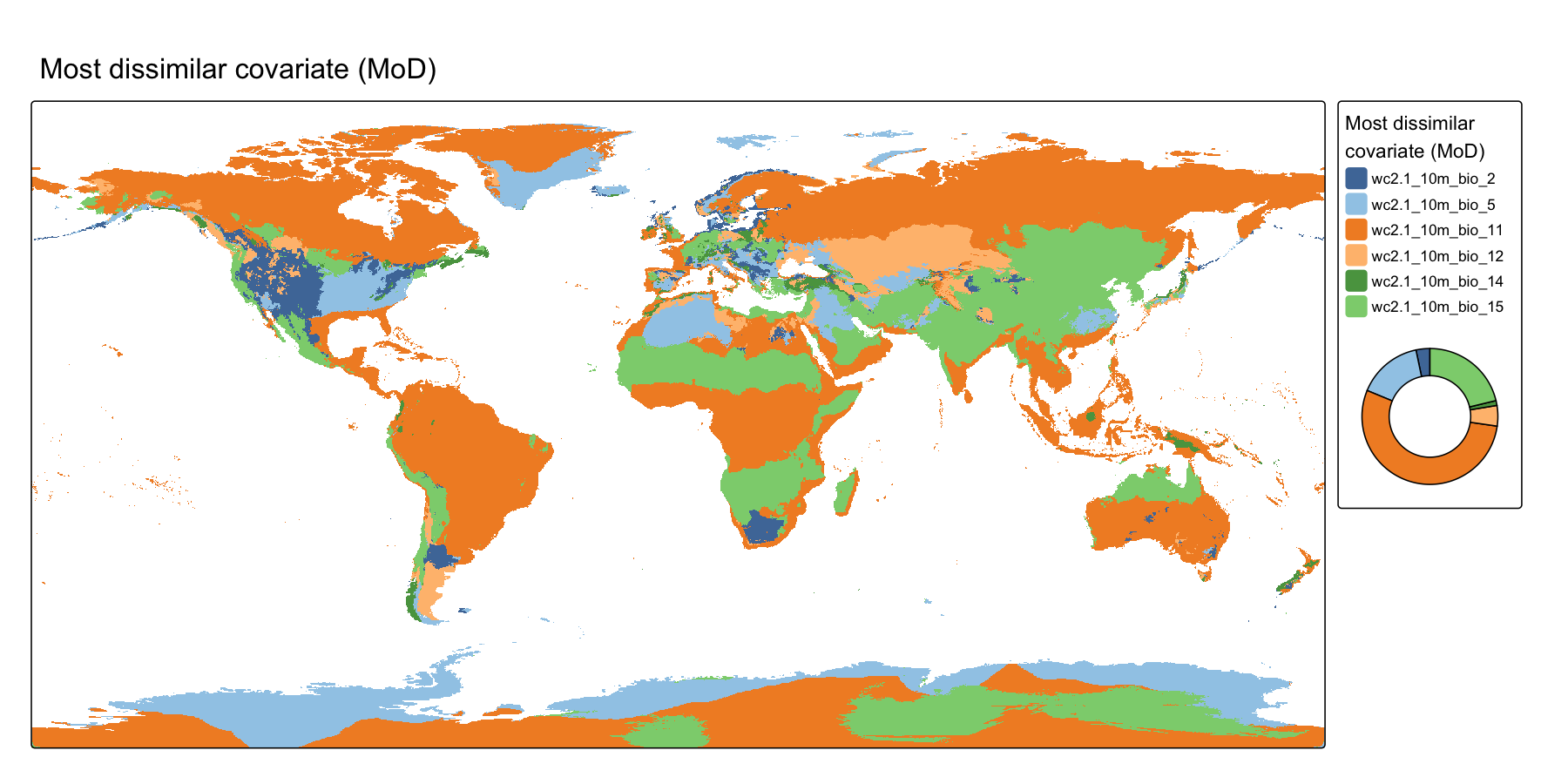 Global map of MESS most dissimilar variable (MoD) for each location relative to Hawkweed occurrence data.