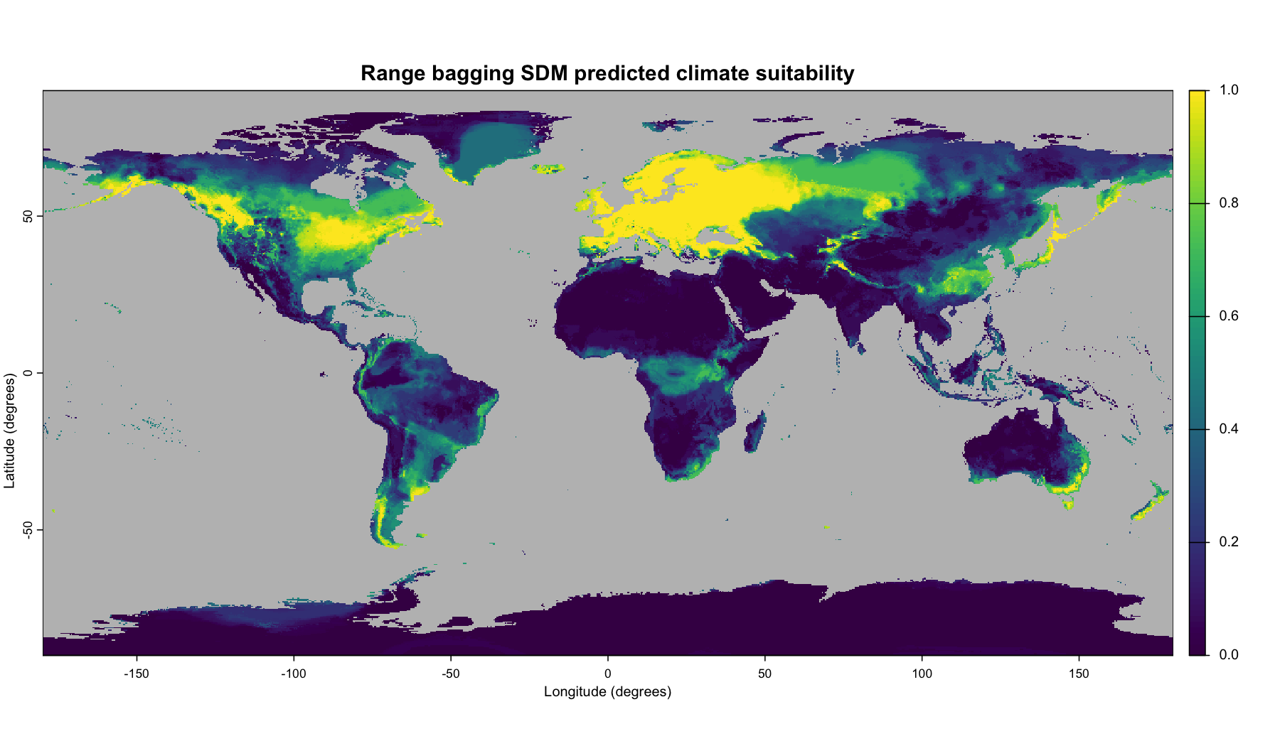 Global map of Range bagging SDM predicted climate suitability for Hawkweed.